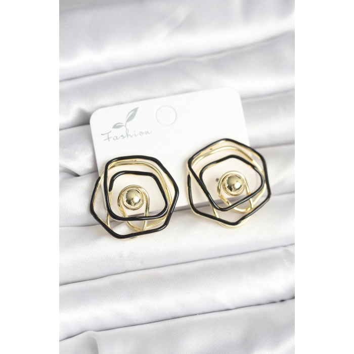 Pirinç Gold Renk Siyah Mineli Geometrik Gül Model Kadın Küpe 5886