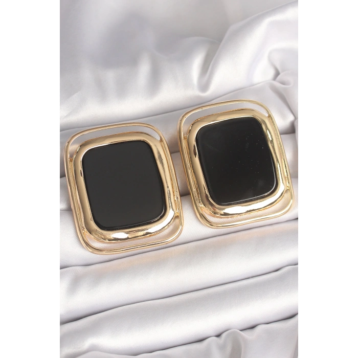 Pirinç Gold Renk Siyah Mineli Kare Model Kadın Küpe 5886