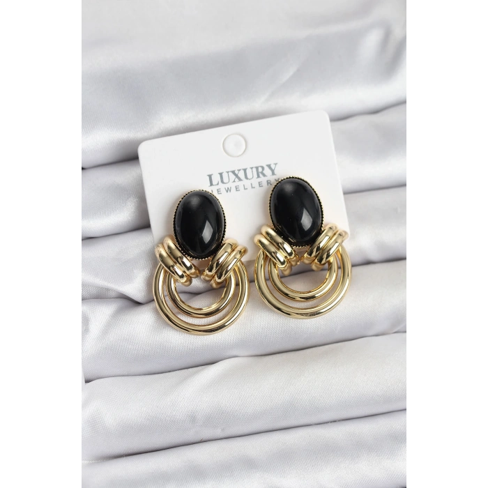 Pirinç Gold Renk Siyah Taşlı Vintage Kadın Küpe 5886