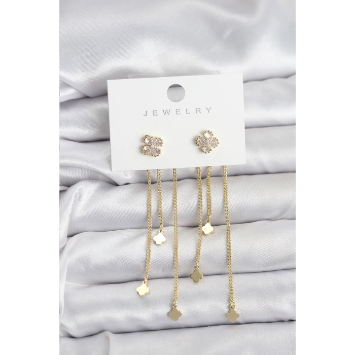 Pirinç Gold Renk Yonca Model Sallantılı Kadın Küpe 5886