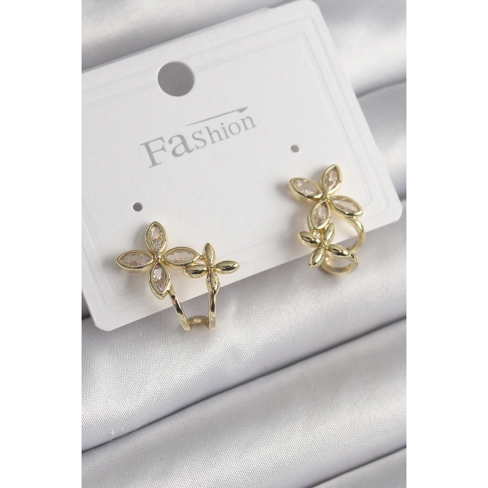 Pirinç Gold Renk Zirkon Taşlı 2Li Çiçek Model Kadın Küpe 5886