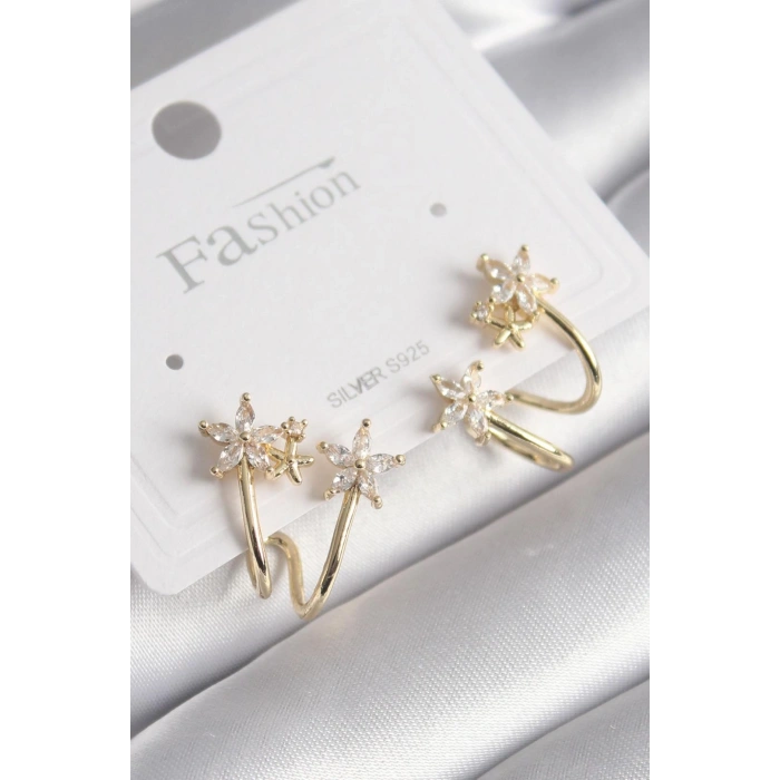 Pirinç Gold Renk Zirkon Taşlı Çiçek Model Kadın Küpe 5886