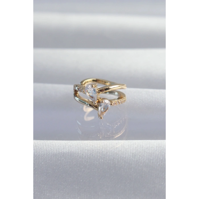 Pirinç Gold Renk Zirkon Taşlı Damla Earcuff Küpe 5886