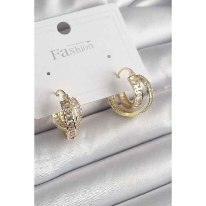 Pirinç Gold Renk Zirkon Taşlı Halka Model Kadın Küpe 5886