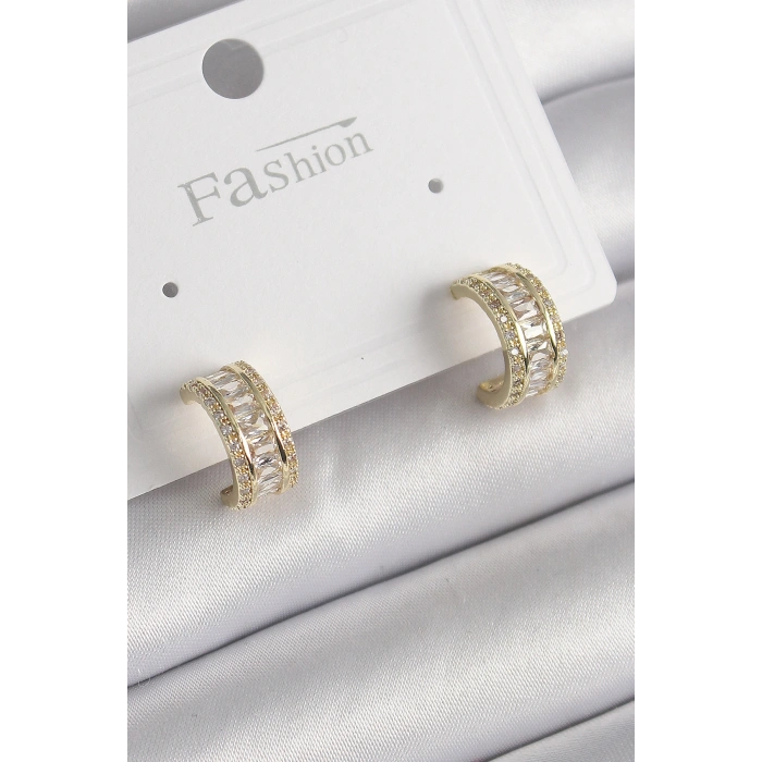 Pirinç Gold Renk Zirkon Taşlı Halka Model Kadın Küpe 5886
