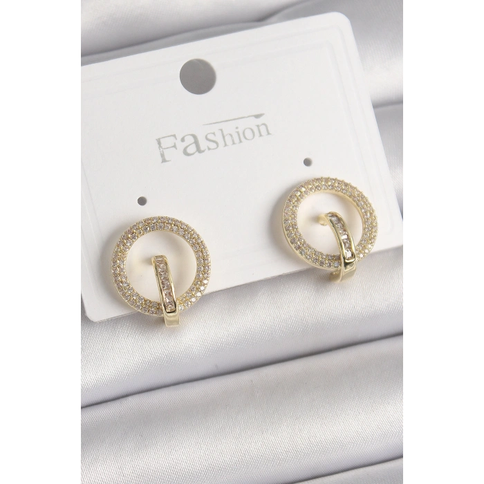 Pirinç Gold Renk Zirkon Taşlı Halka Model Kadın Küpe 5886