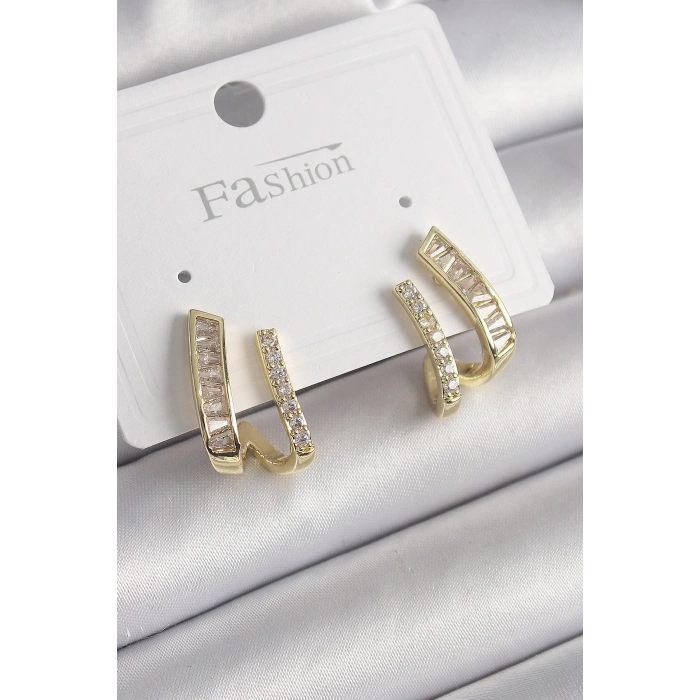 Pirinç Gold Renk Zirkon Taşlı Kadın Küpe 5886