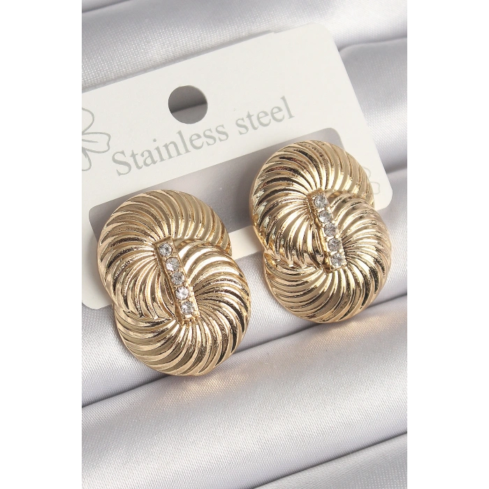 Pirinç Gold Renk Zirkon Taşlı Sarmal Model Kadın Küpe 5886
