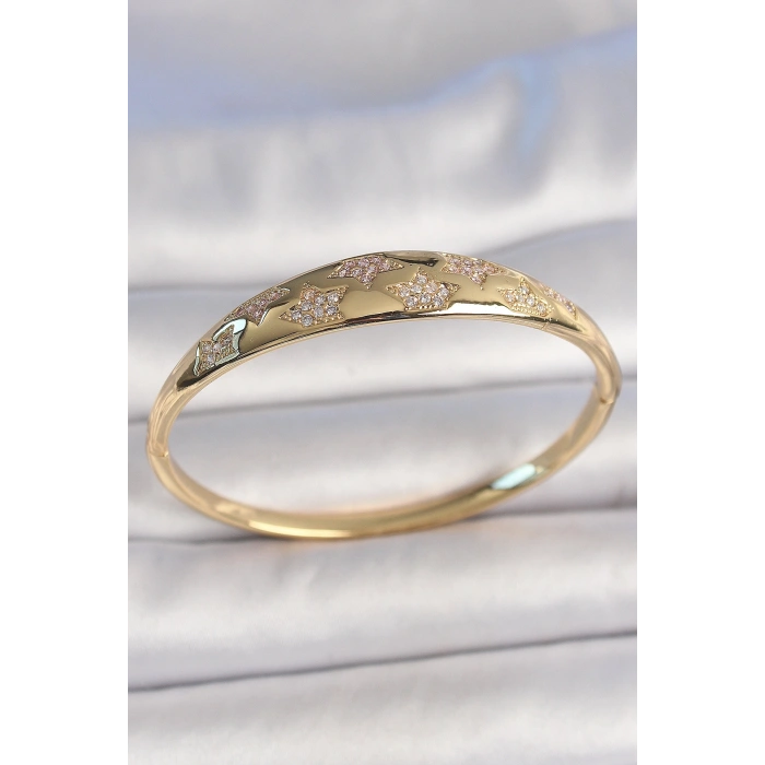 Pirinç Gold Renk Zirkon Taşlı Yıldız İşlemeli Kadın Kelepçe 5886