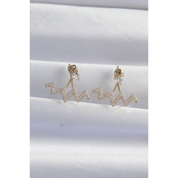 Pirinç Gold Renk Zirkon Taşlı Zikzak Küpe 5886