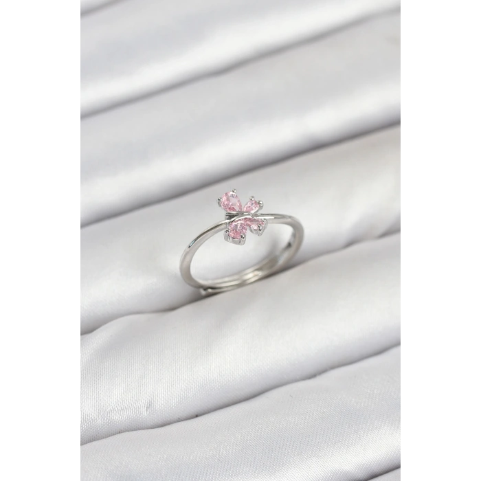Pirinç Gümüş Renk Pembe Kelebek Kadın Yüzük 5886