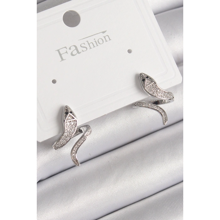 Pirinç Gümüş Renk Zirkon Taşlı Yılan Model Kadın Küpe 5886