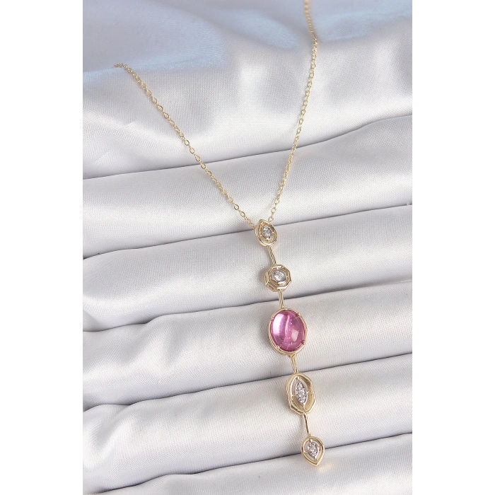 Pirinç Zincir Gold Renk Pembe Zirkon Taşlı Y Kolye 5886