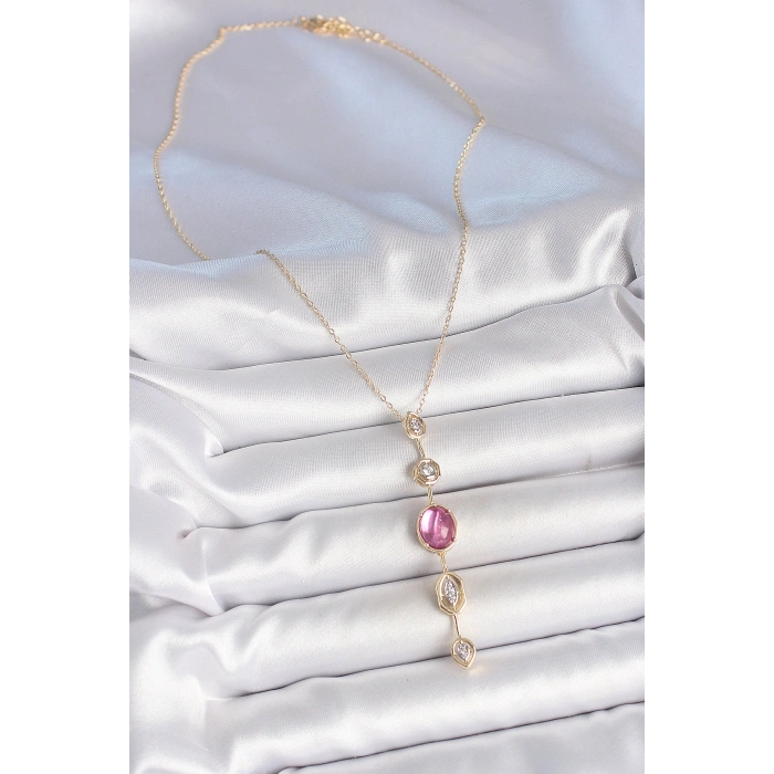 Pirinç Zincir Gold Renk Pembe Zirkon Taşlı Y Kolye 5886