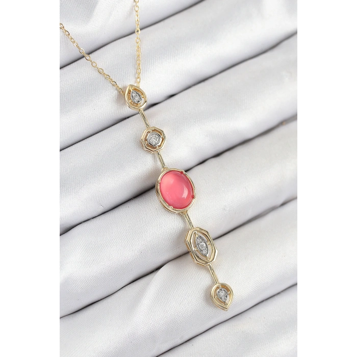 Pirinç Zincir Pembe Gold Renk Zirkon Taşlı Y Kolye 5886