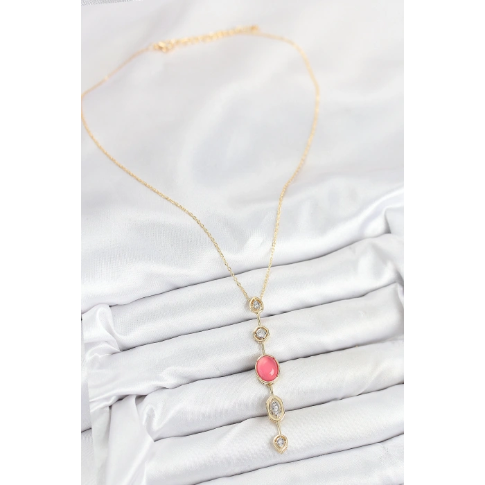 Pirinç Zincir Pembe Gold Renk Zirkon Taşlı Y Kolye 5886