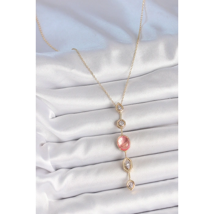 Pirinç Zincir Pembe Gold Renk Zirkon Taşlı Y Kolye 5886