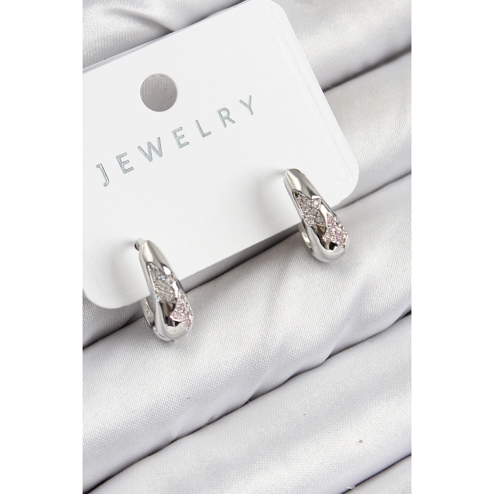Pirinç Zirkon Taş Desenli Model Gümüş Renk Kadın Küpe 5886