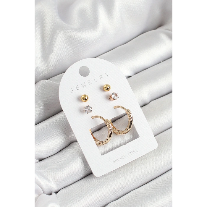 Pirinç Zirkon Taş Ve Halka Figürlü Gold Renk 3lü Çift Kadın Küpe Set 5886