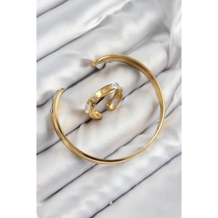 Pirinç Zirkon Taşlı Ayrık Model Gold Renk Bileklik Yüzük Set 5886