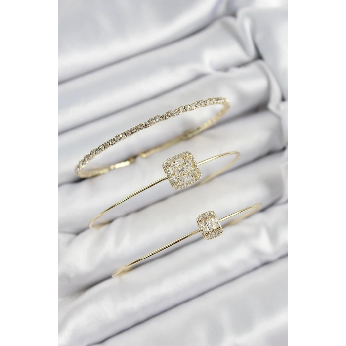 Pirinç Zirkon Taşlı Baget Model Gold Renk Vip 3lü Kadın Bileklik 5886