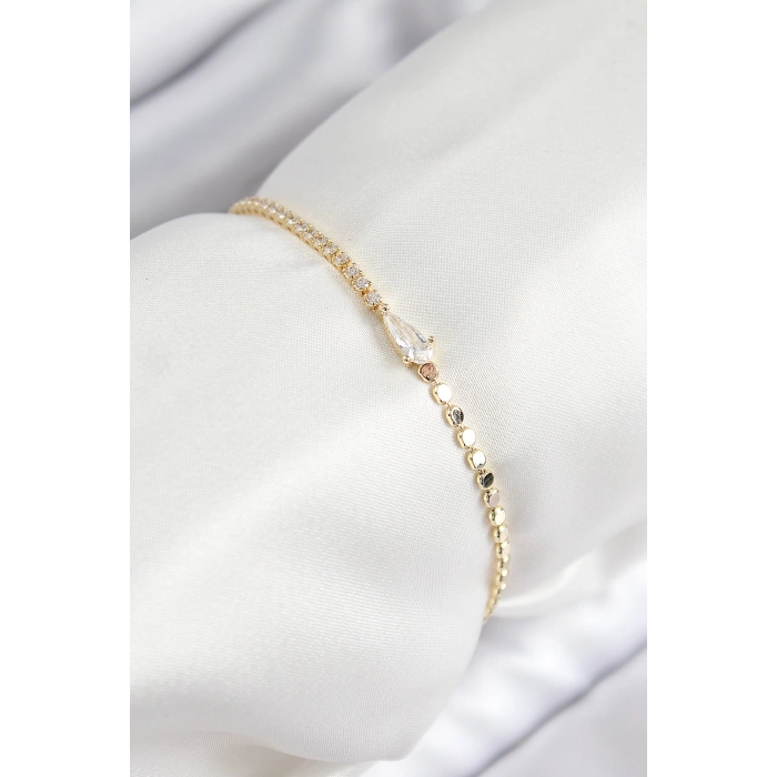 Pirinç Zirkon Taşlı Damla Model Ezme Zincir Gold Renk Kadın Bileklik 5886