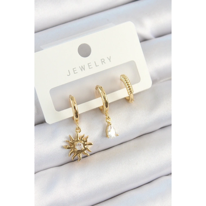 Pirinç Zirkon Taşlı Güneş Model Gold Renk 3lü Çift Kadın Küpe Set 5886