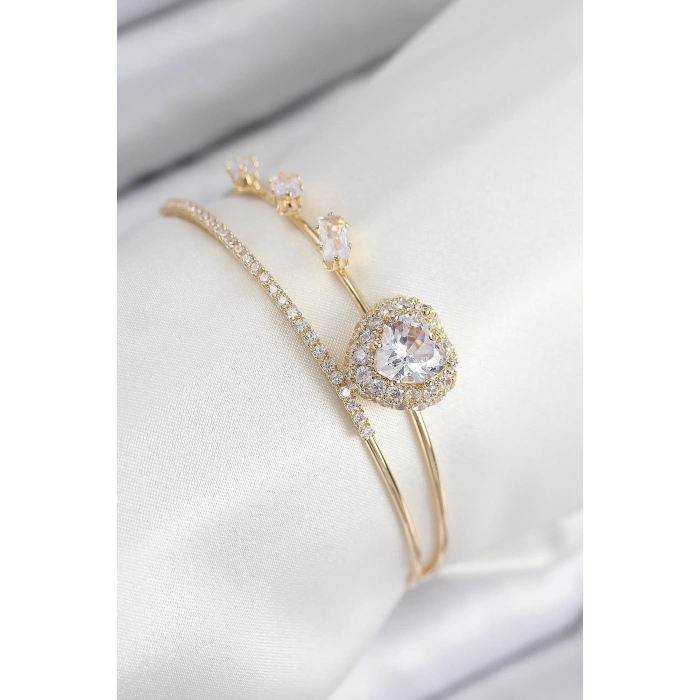 Pirinç Zirkon Taşlı Kalp Model Gold Renk Kadın Bileklik 5886