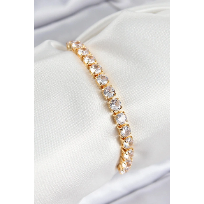 Pirinç Zirkon Taşlı Kare Model Gold Renk Asansörlü Kadın Bileklik 5886
