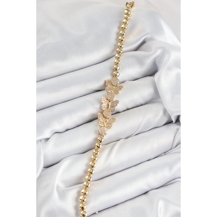 Pirinç Zirkon Taşlı Kelebek Model Gold Renk Kadın Bileklik 5886
