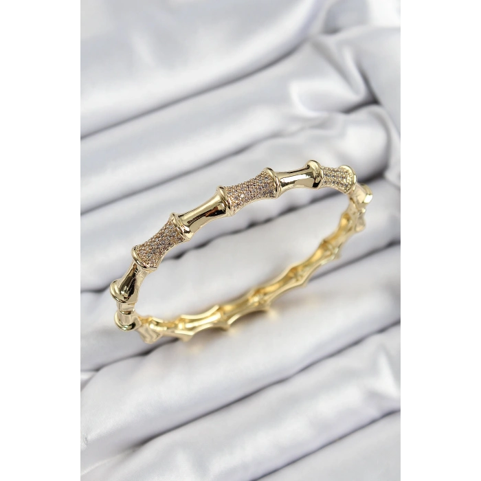 Pirinç Zirkon Taşlı Kemik Model Gold Renk Vip Kadın Bileklik 5886