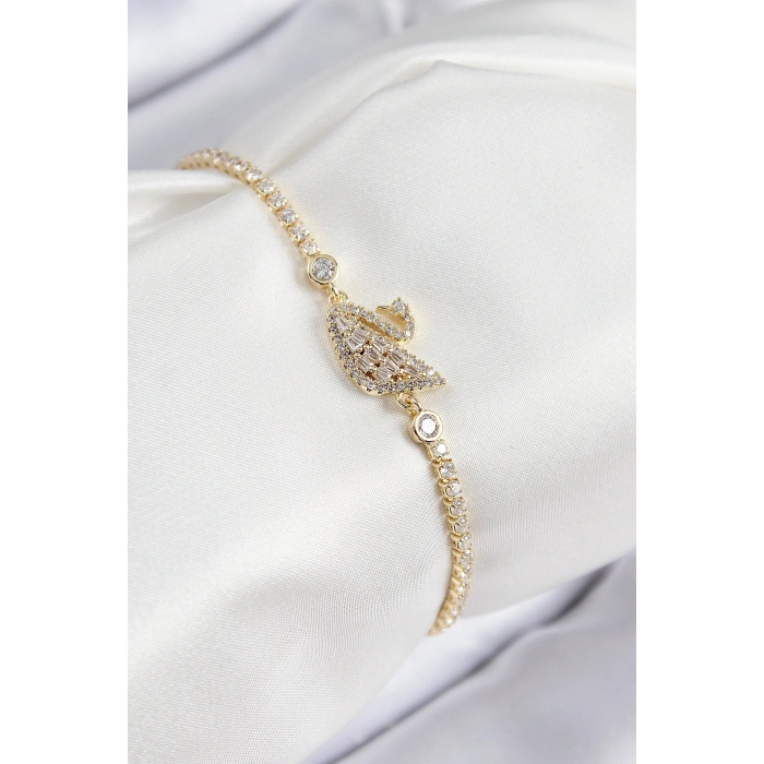 Pirinç Zirkon Taşlı Kuğu Model Gold Renk Kadın Bileklik 5886