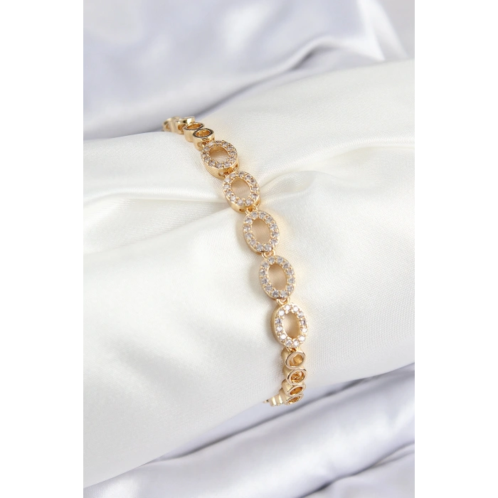 Pirinç Zirkon Taşlı Oval Model Gold Renk Kadın Bileklik 5886