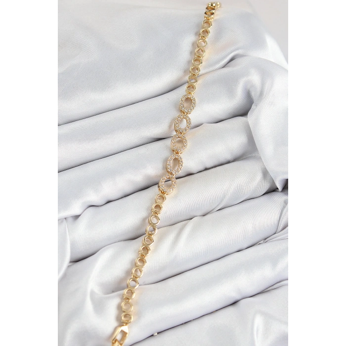 Pirinç Zirkon Taşlı Oval Model Gold Renk Kadın Bileklik 5886