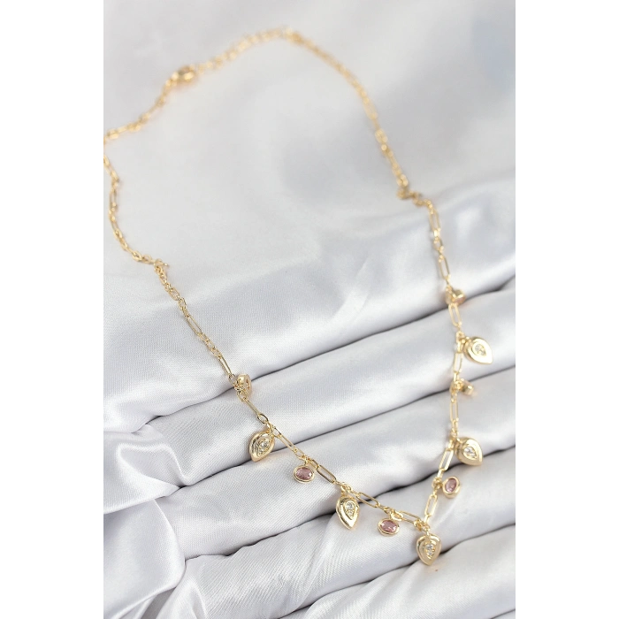Pirinç Zirkon Taşlı Sallantılı Damla Model Gold Renk Kadın Kolye 5886