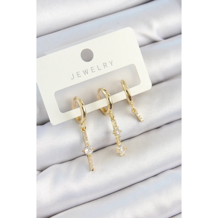 Pirinç Zirkon Taşlı Sallantılı Model Gold Renk 3lü Çift Kadın Küpe Set 5886