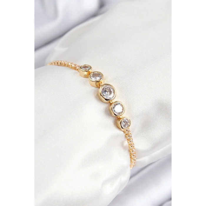 Pirinç Zirkon Taşlı Sıralı Daire Model Gold Renk Asansörlü Kadın Bileklik 5886