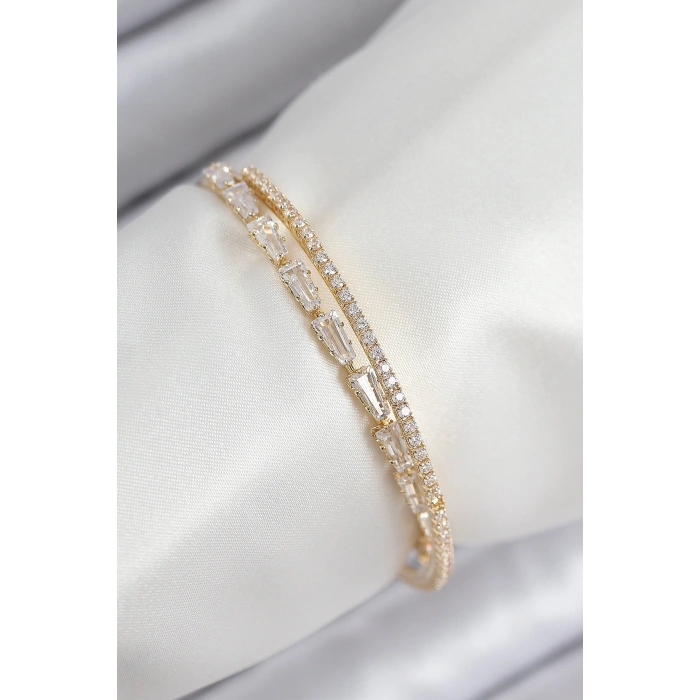 Pirinç Zirkon Taşlı Su Yolu Model Gold Renk Kadın Bileklik 5886