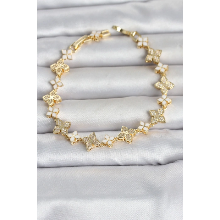 Pirinç Zirkon Taşlı ve Mineli Yonca Model Gold Renk Kadın Bileklik 5886