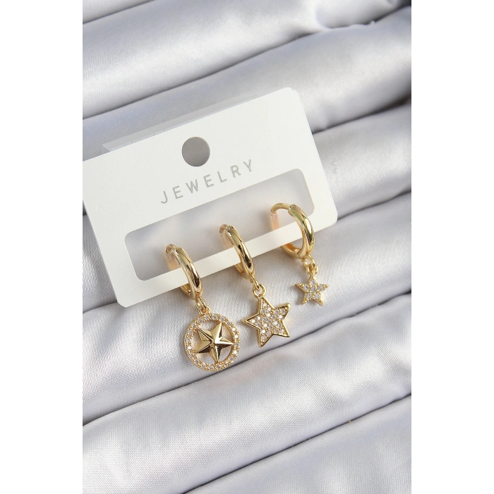 Pirinç Zirkon Taşlı Yıldız Model Gold Renk 3lü Çift Kadın Küpe Set 5886