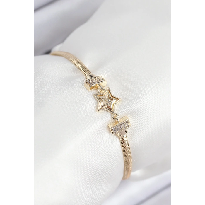 Pirinç Zirkon Taşlı Yıldız Model Gold Renk Kadın Bileklik 5886