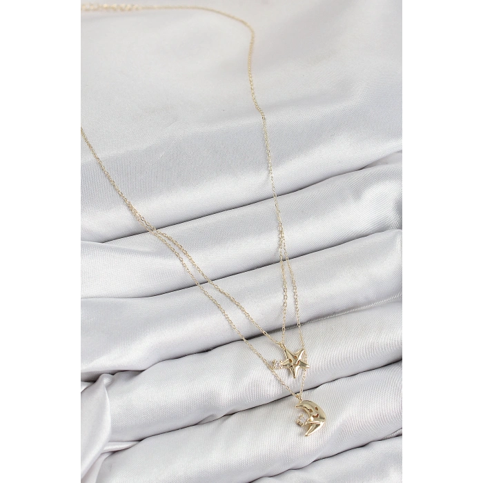 Pirinç Zirkon Taşlı Yıldız Ve Ay Model Gold Renk Kadın Kolye 5886
