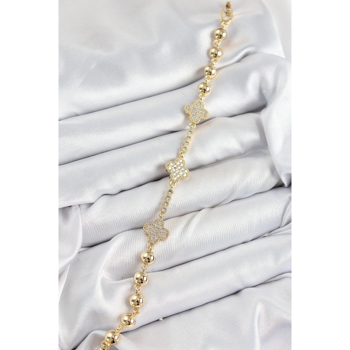 Pirinç Zirkon Taşlı Yonca Model Gold Renk Kadın Bileklik 5886