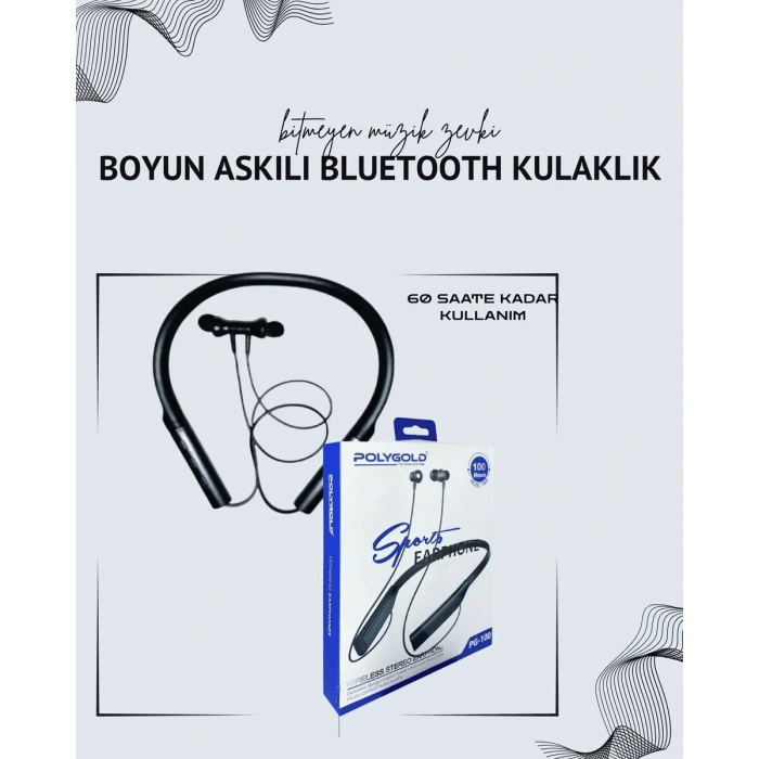 Polygold PG-100 Boyun Askılı Kablosuz Kulaklık – 200 Saat Bekleme Süresi Stereo Ses Mikrofonlu