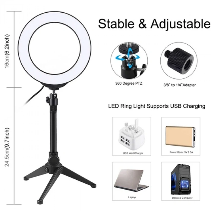 PULUZ 6.2CM PKT3032 Led Işık 16cm Stand YoutuberCanlı Yayın Selfie TikTok Makeup-(5775)