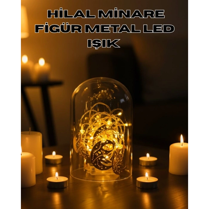 Ramazan Minare Detaylı Hilal LED Işık Günışığı Sarı Metal Süs