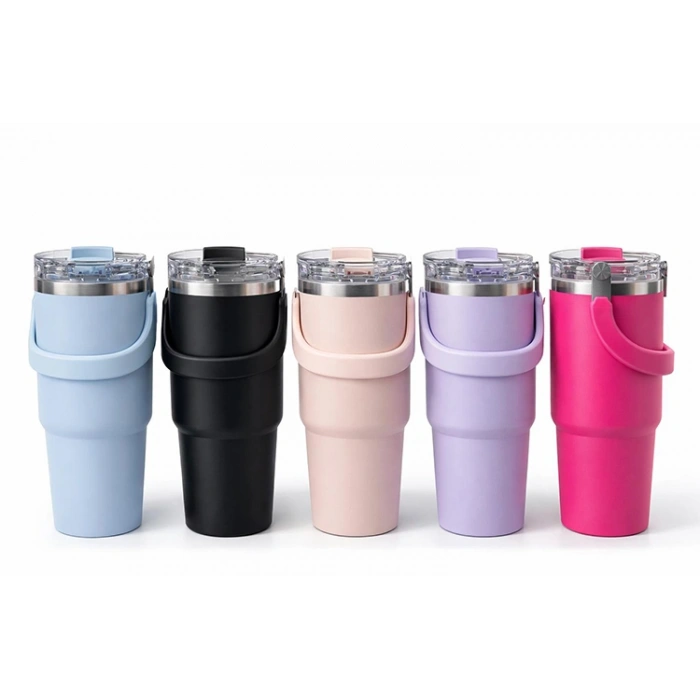 Renkli 900 ml Taşıma Kulplu Paslanmaz Çelik Termos Mug Bardak