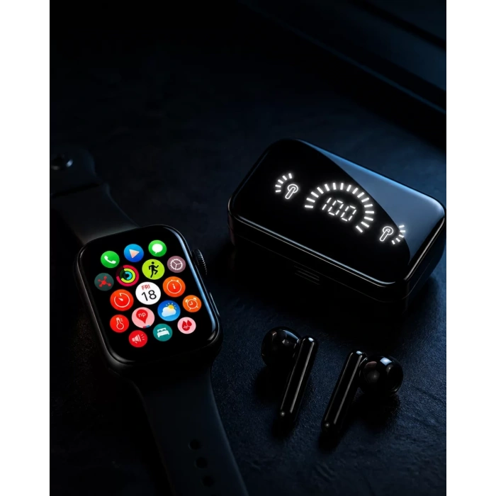 Şık Tasarımlı Akıllı Saat ve Bluetooth Kulaklık Seti Suya Dayanıklı ve Çok Fonksiyonlu