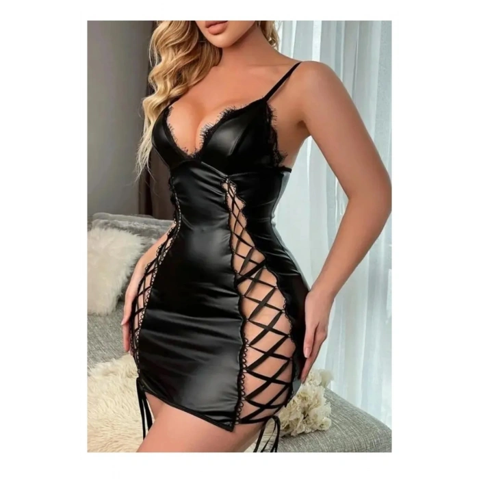 Siyah Kadın Deri Çapraz İpli Fantezi Seksi Kostüm Gece Elbisesi