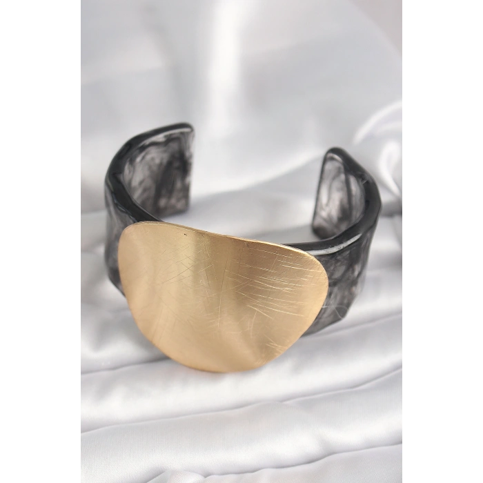 Siyah Mermer Desen Akrilik Plastik Gold Daire Plaka Model Vintage Kadın Bilezik 5886